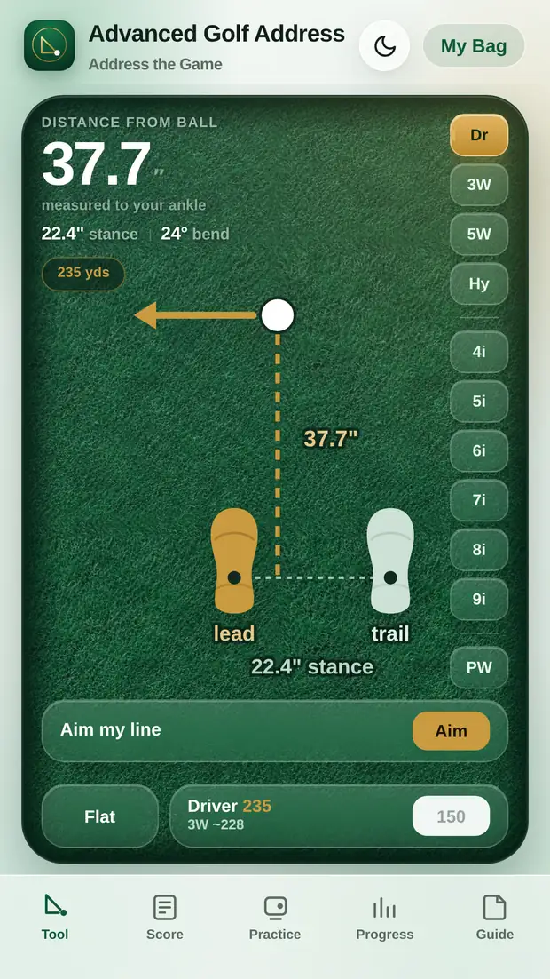 The Advanced Golf Address tool screen showing 37.7 inches from the ball, a 22.4 inch stance and a 24 degree bend for the driver