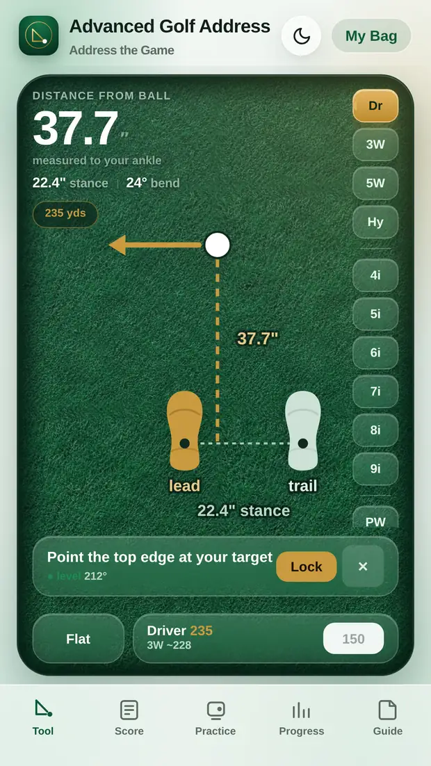 The aim screen using the phone compass to show whether the feet are square to the target line
