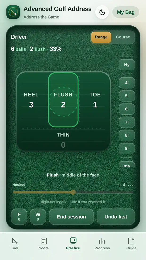 The practice logger asking about strike and flight, with a clubface diagram