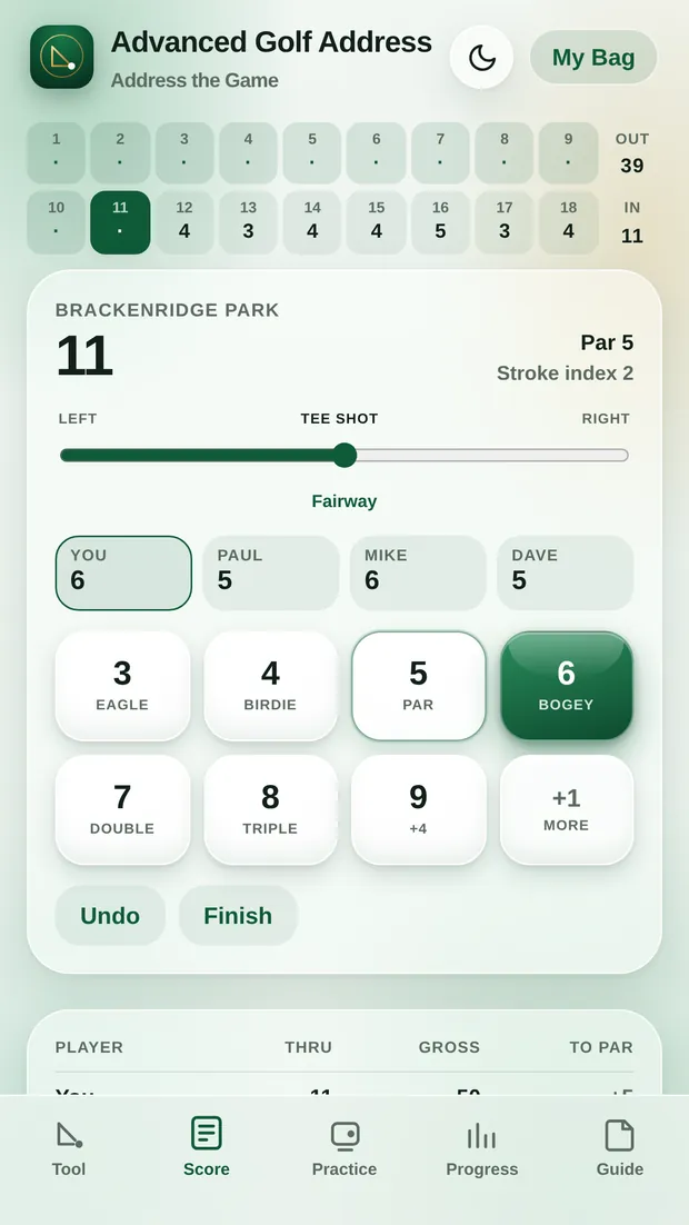 The scorecard screen with a selected course and hole by hole entry